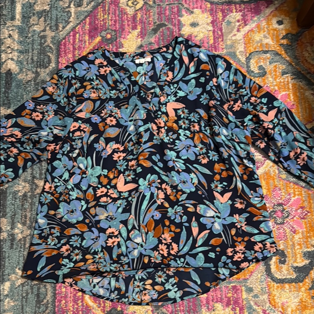 Maurices Navy Floral Blouse with Peach and Blue Atwood 1x